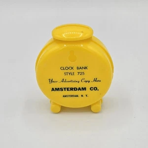 RARE Vtg 60s Yellow Plastic Salesman Sample Clock Coin Bank Amsterdam Co. NY - Picture 1 of 6