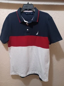 Nautica Polo Herren Large rot marine weiß Colorblock Kurzarm Baumwollhemd - Bild 1 von 13
