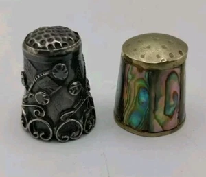 Vtg 925 Sterling Silver Filigree Design Thimble & Abalone Thimble set Mexico - Picture 1 of 23