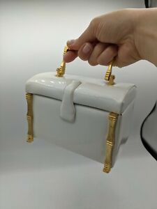 Vintage Crown Lewis White Patent Box Purse With Gold Bamboo Handle Trim Bag