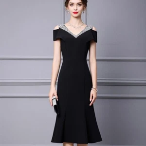 Neu Elegantes Damenkleid Schulterfrei Kurzarm V-Ausschnitt Mode Fischschwanzkleid - Bild 1 von 34