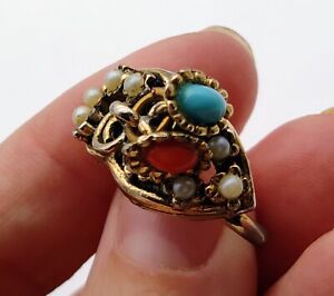 Vintage Uncas Ring Harem Princess Faux Pearl Turquoise Coral Adjustable