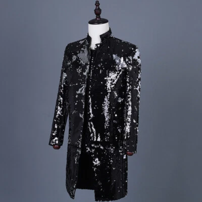 Men Glitter Long Suit Blazer Reversible Two Tone Sequins Jacket Carnival Cabaret - Image 1 of 4