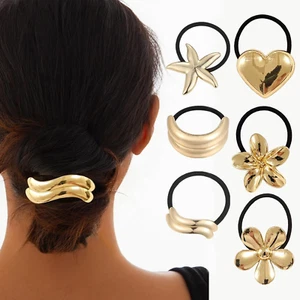 Metal Hair Ties, 6Pcs Gold Star Geometric Elastic Hair Ties, Hair Cuff Wrap Hair - Picture 1 of 6