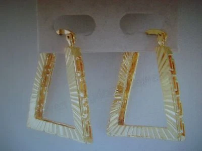 NEW WOMENS GREEK KEY YELLOW 18KGOLD PLATED TRIANGLE HOOP  EARRINGS DIAMOND CUT - Image 1 of 4