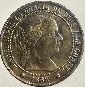 Beautiful 1868 Spanish Coin Queen Isabella II 180 Years Old 2 1/2 Centimos Spain - Picture 1 of 11