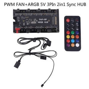PWM 4P Fan + 5V 3P ARGB LED 2 In 1 Sync Hub Controller 1 To 8 Multi-Way Splitter - Afbeelding 1 van 9