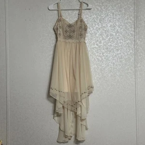 Soieblu besticktes Kleid hoher niedriger Saum gerafft ärmellos Spitze Träger gefüttert Gr. M - Bild 1 von 8