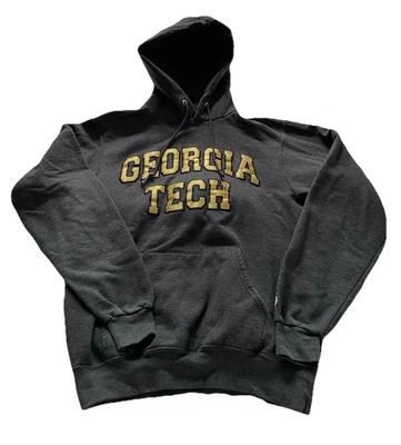 Georgia Tech Hoodie Yellow Embroidered Men’s Small Gray Champion Fleece Used - Image 1 of 4