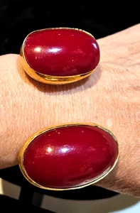 Modern Cuff Bracelet in Gold tone with Red Cabachon Accents - Picture 1 of 3
