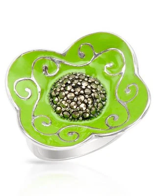 Precioso anillo con marcasita genuina y esmalte verde en plata de ley 925 talla 7 Foto 1 de 2