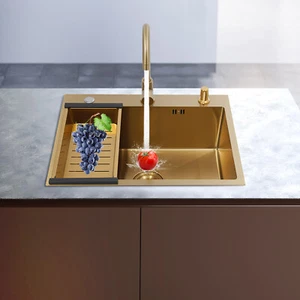 Rechteckige Spüle mit Abtropfkorb Goldene Küchenspüle Einschalen Spülbecken - Bild 1 von 20