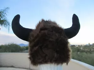 BUFFALO HAT plush ADULT furry BROWN bills bulls HALLOWEEN COSTUME horns VIKING - Picture 1 of 7
