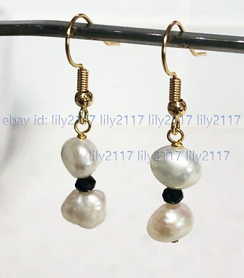 8-9mm Natural White Baroque Pearl Faceted Black Agate Gold Hook Dangle Earrings - Image 1 of 3