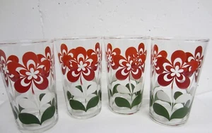 Set/4 Vintage Red White Green RETRO POPPY FLOWER POWER Milk Ice Tea Glasses - Picture 1 of 6