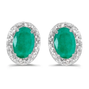 14k White Gold Oval Emerald And Diamond Earrings - Picture 1 of 4