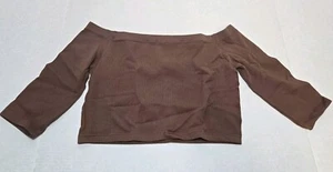 Large Off Shoulder Crop Top Women Mid Sleeve Seamless Cropped Top Ribbed Brown - Picture 1 of 4
