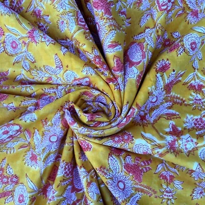 Hand Block Yellow Flower Print Craft Cotton Voile Indian Fabric Sewing By Yards - Image 1 of 4