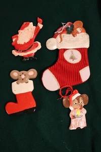 4 Vintage Ceramic Christmas Ornaments Mice, Santa, Stocking - Picture 1 of 8