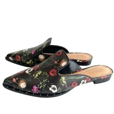 Schutz Black Leather Floral Print Mule Shoes Womens Size 7 - Image 1 of 4