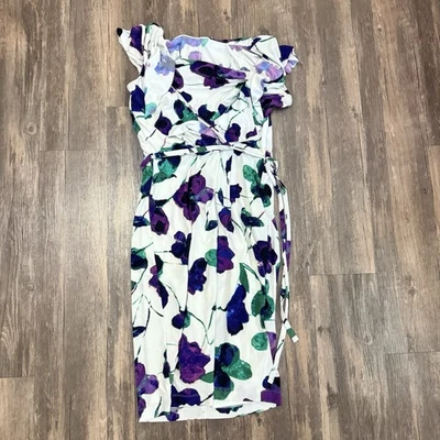 Jones New York Stretch White Purple Green Floral Cap Sleeve Sheath Dress Size 4 - Image 1 of 4