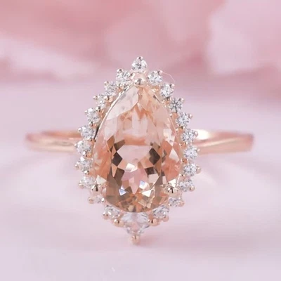 Sparkle 2CT Pear Cut Natural Morganite In 14k Rose Gold Gift Ring For Valentin's - Image 1 of 4
