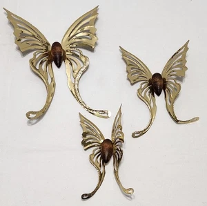 Vintage Messing & Holz Schwalbenschwanz Schmetterling Wanddeko Home Interiors 3er Set - Bild 1 von 3