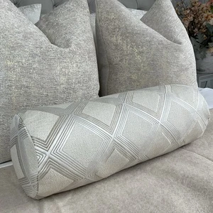 LuxuryGeometric Bolster Cushion 16"x6", Cream Bed Throw Pillow, Designer POWER - Picture 1 of 9