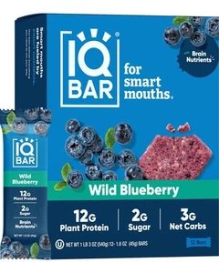IQBAR Brain and Body Plant Protein Bars - Wild Blueberry 12 Count (Pack of 1) - Picture 1 of 6