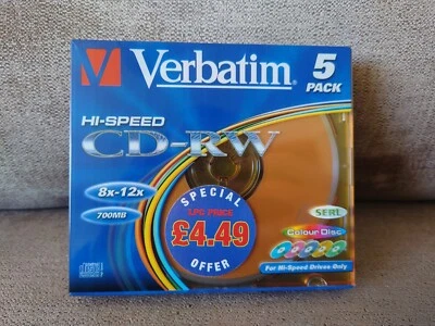 Verbatim 5 Pack CD-RW Hi Speed Colour 700mb 8-12x Speed Compact Disc Brand NEW - Image 1 of 4