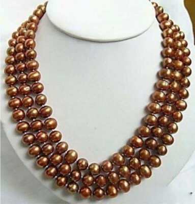 Beautiful 3 Rows 8/10/12mm Chocolate Brown Round Shell Pearl Necklace 17-19'' - Image 1 of 3