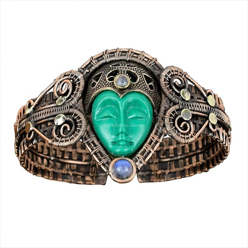 VALENTINO Bracciale Verde Intagliato Pietra Rame Regalo Per Bestia Filo Avvolto Regolabile