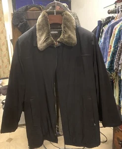 Barneys New York Black Coat Size L Zipper Snap Buttons Front Removable Faux Fur - Picture 1 of 5