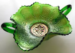 Fenton Glass Iridized Green Carnival Persian Medallion Bonbon Candy Dish Bowl - Picture 1 of 9