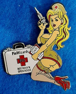 HARD ROCK BLONDE RED CROSS ER HOSPITAL NURSE GIRL STOCKINGS CAFE PIN WIZARDS L25 - Picture 1 of 1
