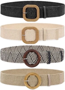 Womens Large Set 4 Straw Woven Elastic Stretch Waist Belts Braided Boho 1.75" w - Picture 1 of 7