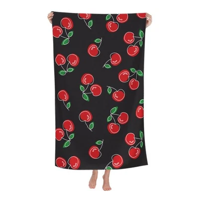 Red Cherry Black Beach Towel Soft Absorbent Microfiber Quick Dry Large Bath T... - Image 1 of 4