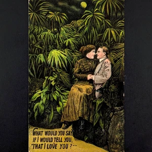 Antique Romantic Postcard Couple In Love Under Full Moon In Saw Palmetto Grove - Picture 1 of 3