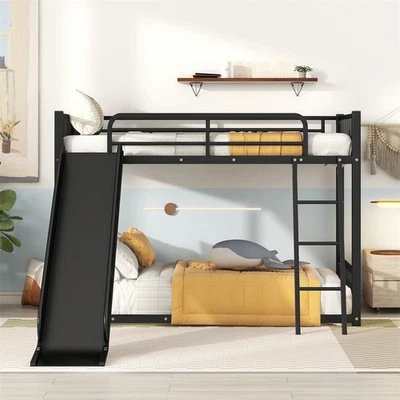 Twin Over Twin Metal Bunk Beds with Ladder and Slide for Kids Boys Girls,Black - Image 1 of 4