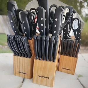 Farberware 12 Piece Knife Set Black Handles With 3 Rivets Forged Steel + Block - Picture 1 of 3