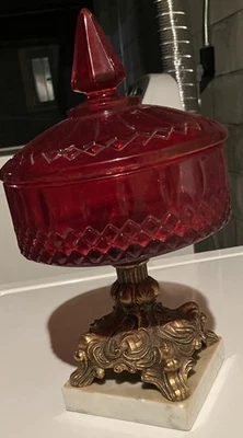 复古红切玻璃糖果盘有盖复合黄铜干大理石底座 — 第 1/4 张图片