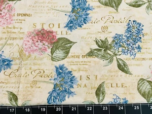 Tina Scrap Hydrangeas Flowers Floral Bouquet Spring FABRIC 9"x21" 100% COTTON - Picture 1 of 2