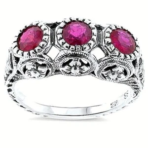 RED STONE 925 STERLING SILVER 3 THREE-STONE ANTIQUE STYLE RING #158 - Picture 1 of 4