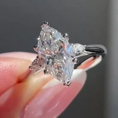 Помолвочное кольцо с тремя камнями огранки маркиза муассанит покрытие белым золотом 14 карат 3,3 карата - Изображение 1 из 4