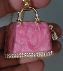 Betsey Johnson HANDBAG Pink Swirled Enamel Crystal PENDANT 3D Necklace PURSE