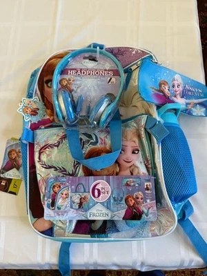 Disney Frozen Set Zaino Bambina 6 Pezzi 17" Blu con Cuffie e Porta Pranzo.Nuovo - Immagine 1 di 4