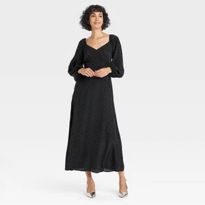 A New Day NWT Womens Long Sleeve Crepe Maxi A-Line Dress Black White Polka Dot M - Picture 1 of 13