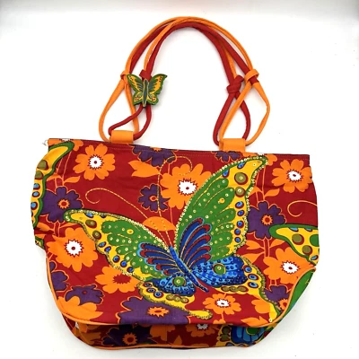 NEW Sun'N'Sand Red Orange Floral Print Sequin Butterfly Jumbo Beach Tote 19x14" - Image 1 of 4