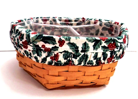 Longaberger Hexagon Basket 9 1/2" Holly & Berry Fabric Liner & Plastic Protector Cover