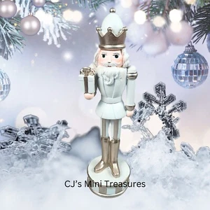 Christmas White & Gold Gingerbread Nutcracker Holding Present 14 Inch New - Picture 1 of 5